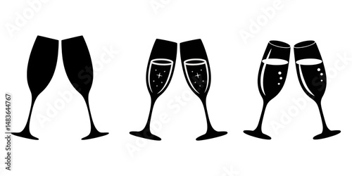 Two glasses of wine. Cheers with wineglasses. Clink glasses icon. Vector illustration on white background, Cheers icon, Wine glasses icon, Two glasses toast icon, Drink toast, Toast with wine glasses.
