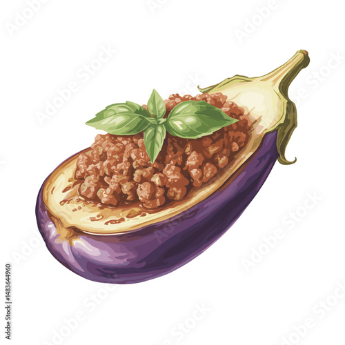 Stuffed Eggplant with Minced Meat and Basil Garnish