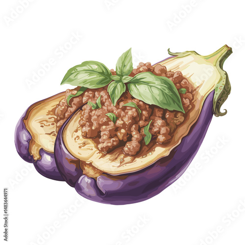 Stuffed Eggplant with Minced Meat and Basil Garnish
