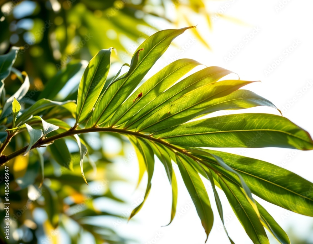 Fototapeta premium a close up view of a lush tropical palm leaf, vibrant with sunlight filtering through its layers