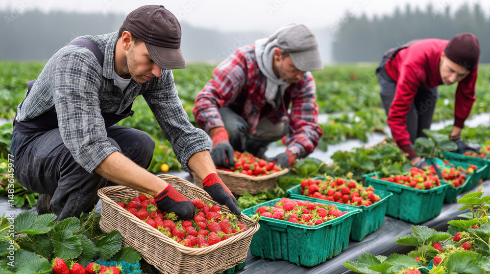 Obraz premium Workers Harvesting Fresh Strawberries on a Farm Field