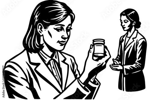 Female doctor silhouette side profile holding pill bottle design vector, female doctor, silhouette, side profile, pill bottle, healthcare, medical, medicine, woman, doctor, pharmacist, prescription