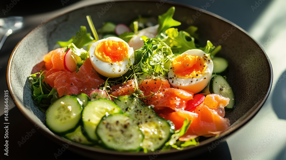 Fresh Salad Bowl with Boiled Egg, Salmon, and Vegetables Fresh Salad Bowl with Boiled Egg, Salmon, and Vegetables