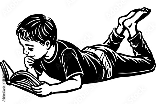 Silhouette of a child reading a book lying on stomach side view, silhouette, child, reading, book, lying, stomach, education, learning, side view, angle, vector, illustration, design, transparent