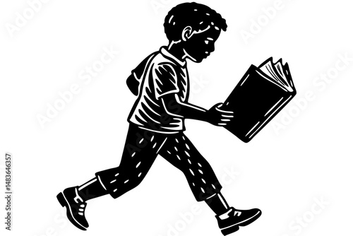Silhouette design of a child reading while walking side profile view, child, reading, walking, side profile, silhouette, vector, education, learning, book, student, kid, school, activity, lifestyle