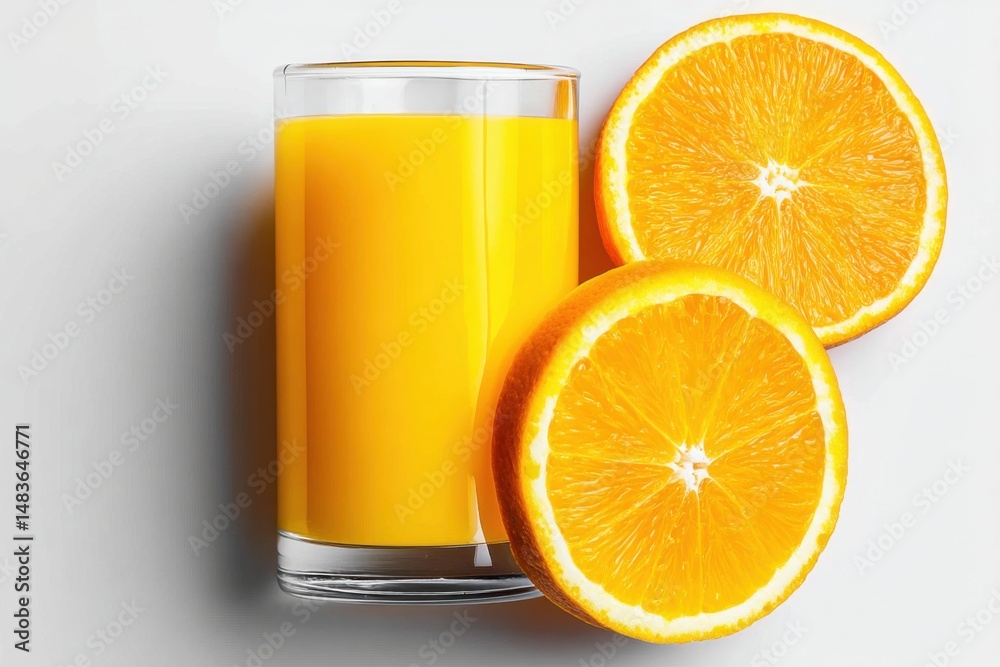 Fresh squeezed orange juice filled in tall glass with two orange slices against a plain white backdrop for refreshing beverage projects
