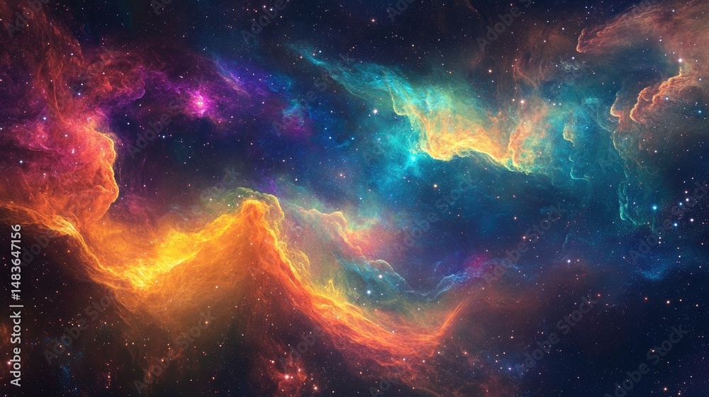 Obraz premium Vivid nebula in deep space with swirling patterns of orange, pink, blue, and purple, scattered stars across dark cosmic background. Generative by AI