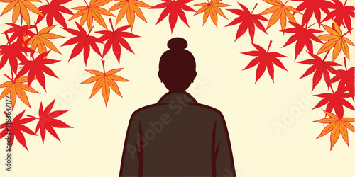 Silhouette's Autumn contemplation under Maple Leaves: A serene depiction of a silhouette standing beneath a vibrant canopy of autumnal maple leaves.