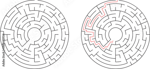Circular Maze Puzzle Solution Path, Labyrinth, Rings, Walls, Challenge