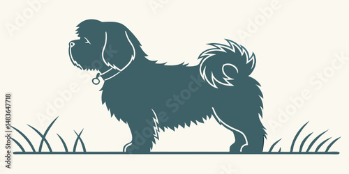 Silhouette illustration of a dog with collar and grass on a white background