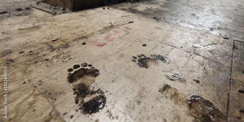 Industrial wood floor with wet footprints and gritty workshop texture

