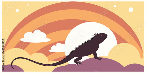 Silhouette of an iguana with retro sunset clouds and rainbow background