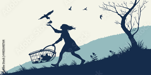 Silhouette of a woman releasing birds from a basket in nature scenic landscape
