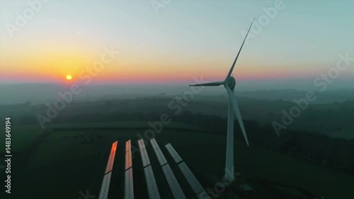 Wind turbine and solar panels in a field at sunrise with a misty horizon