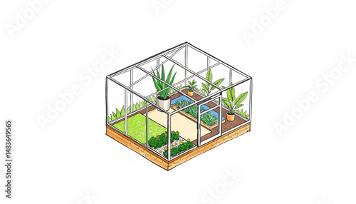 Illustration of an eco-friendly greenhouse featuring various plants and gardening areas on a transparent background