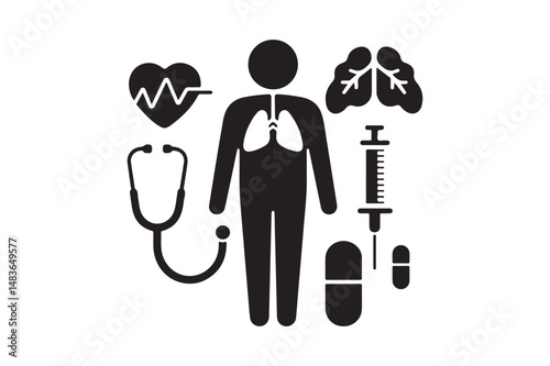 Medical Healthcare Silhouette Icon Human Body, Lungs, Heart, Pills, Syringe, Stethoscope