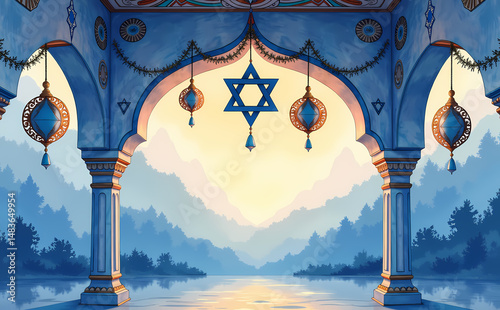 Beautiful background illustration featuring an archway with Star of David and serene landscape
