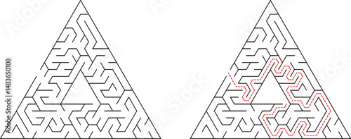Triangular Maze Puzzle Solution Shown, Paths, Entry, Exit, Geometry