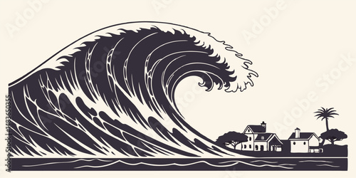 Imminent Tsunami: A large tsunami wave approaches a coastal village, houses are threatened by the immense power of nature. 