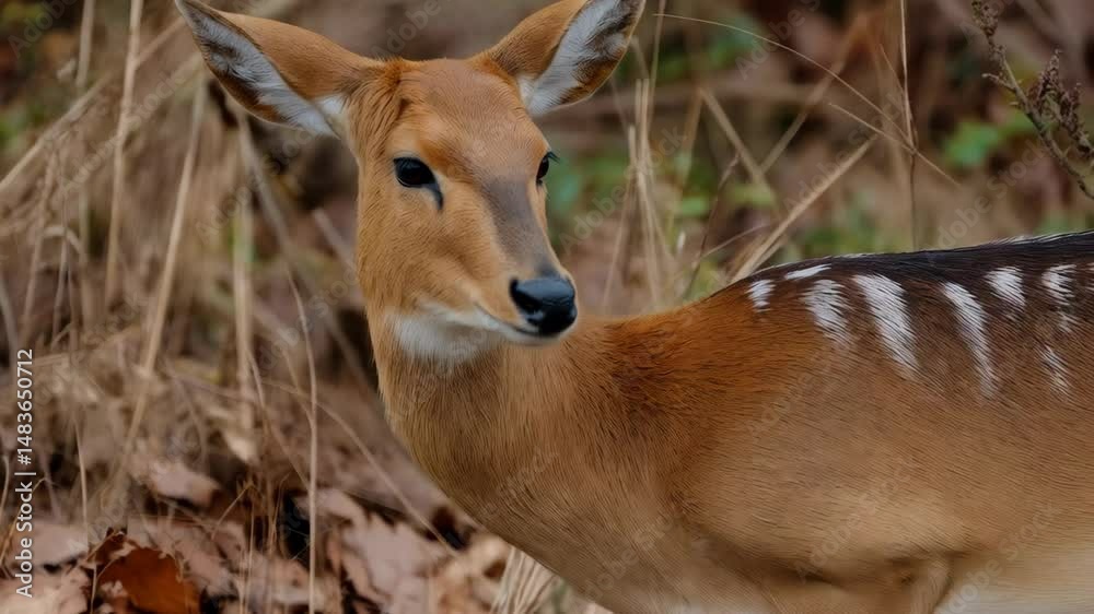 Attentive fawn in natural habitat. Doe staring directly at camera with long ears sticking up, brown grass background, head and shoulders shot. Attentive fawn in natural habitat. Doe staring directly at camera with long ears sticking up, brown grass background, head and shoulders shot.
