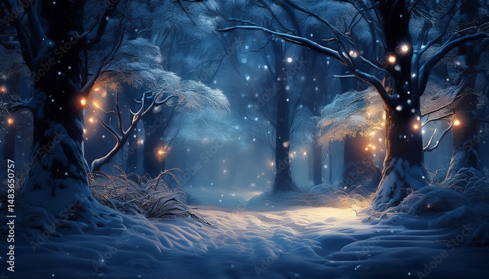 Fototapeta premium dark forest with snow covered tree branches and twinkling lights snow woods shadows