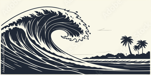 Ocean Wave and Palm Trees: Monochrome illustration of a powerful ocean wave curling near a tropical shoreline with palm trees.