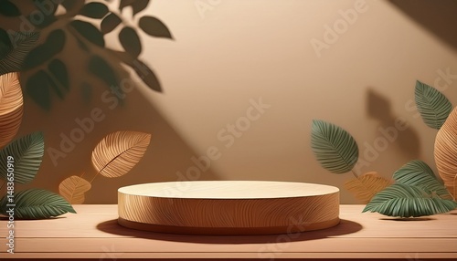 wooden podium with leaves and shadows realistic wood platform for product presentation minimal nature scene with pedestal mockup cosmetic display or award ceremony