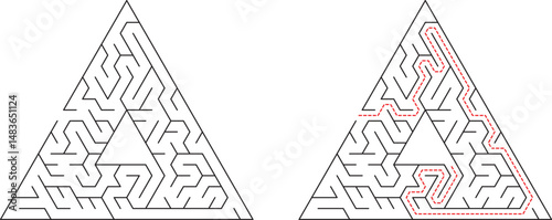 Triangular Maze Puzzle Solution Shown, Paths, Entry, Exit, Lines, Geometry, Challenge, Complex, Logi