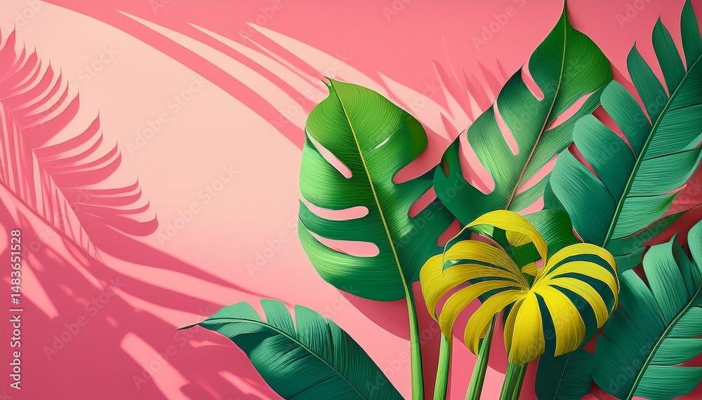 Obraz premium vibrant tropical illustration with banana plants monstera leaves and palm shadows on pink background