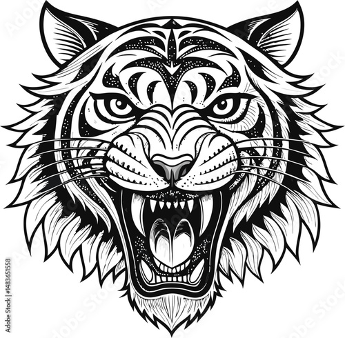 a drawing of a tiger head vector illustration Icon of a tiger head hand drawn in engraving style Fierce Tribal Tiger Tattoo Design Bold Black and White Ink Art 