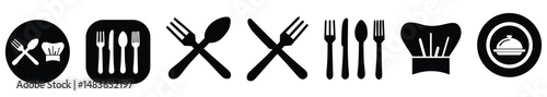 Catering icon set. Containing fork, spoon, knife, plate, cloche, tray, chef hat, beverage, food, dining table, and waiter. Cutlery or tableware in restaurant. Vector illustration.