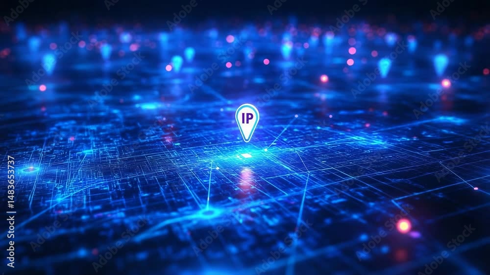 Blue digital network landscape with a highlighted white IP marker in the center, surrounded by interconnected glowing nodes and circuits