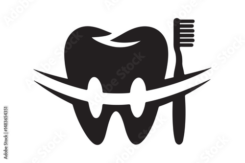 Dental Tooth Silhouette with Braces and Toothbrush Icon Vector