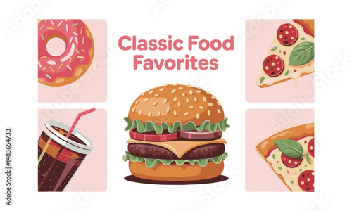 Modern vector illustration set of classic fast food and snack items, easily scalable and editable.