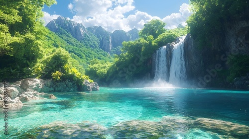 Fototapeta Naklejka Na Ścianę i Meble -  Lush tropical island with cascading waterfalls and crystal clear waters
