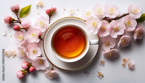 cup of tea with cherry blossoms on white background top view herbal or floral tea and sping flowers photo