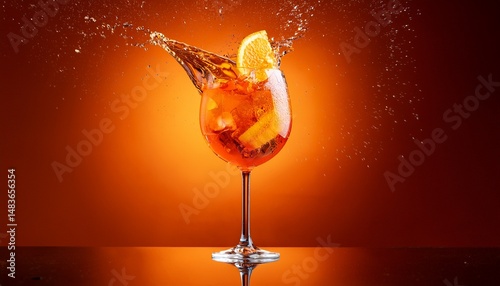 a glass of aperol spritz with splashes on an orange background