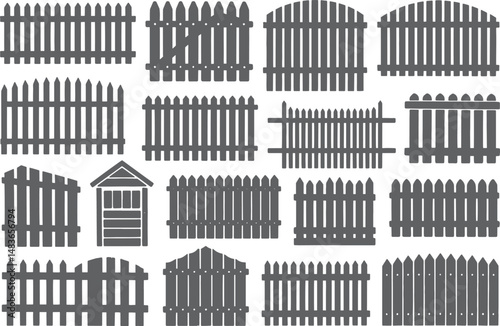 Vector fence designs black and white illustration for garden backyard and home security and privacy options on transparent background