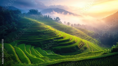 Green rice terraces layered on hillside with trees and distant mountains during sunset. Sun rays illuminate curves of landscape under colorful sky. Generative AI