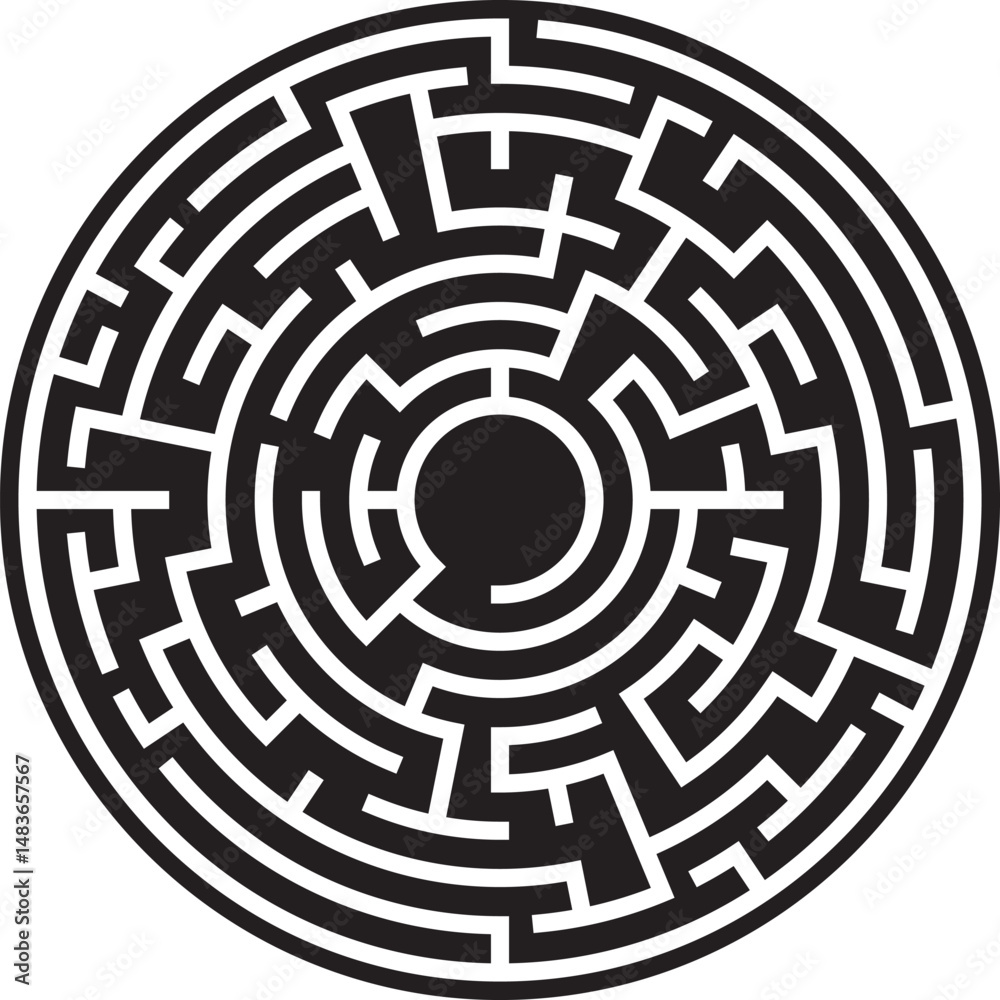 Circular Maze Puzzle Labyrinth Game, Intricate Paths, Black and White Design Circular Maze Puzzle Labyrinth Game, Intricate Paths, Black and White Design
