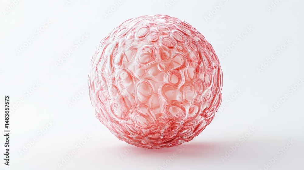 A spherical, textured, light-pink object against a plain background. A spherical, textured, light-pink object against a plain background.