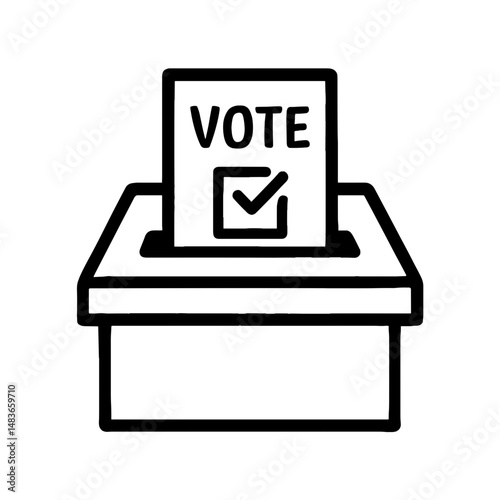 Line icon of marked election ballot dropping into box, representing civic participation in official vote