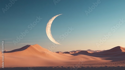 Crescent moon hangs low over rolling sand dunes under twilight sky with scattered clouds and visible stars. Desert surface shows fine ripples and soft shadows from low light. Generative by AI