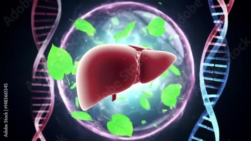 Innovative visual demonstrating the human liver with dna and plant components concept
