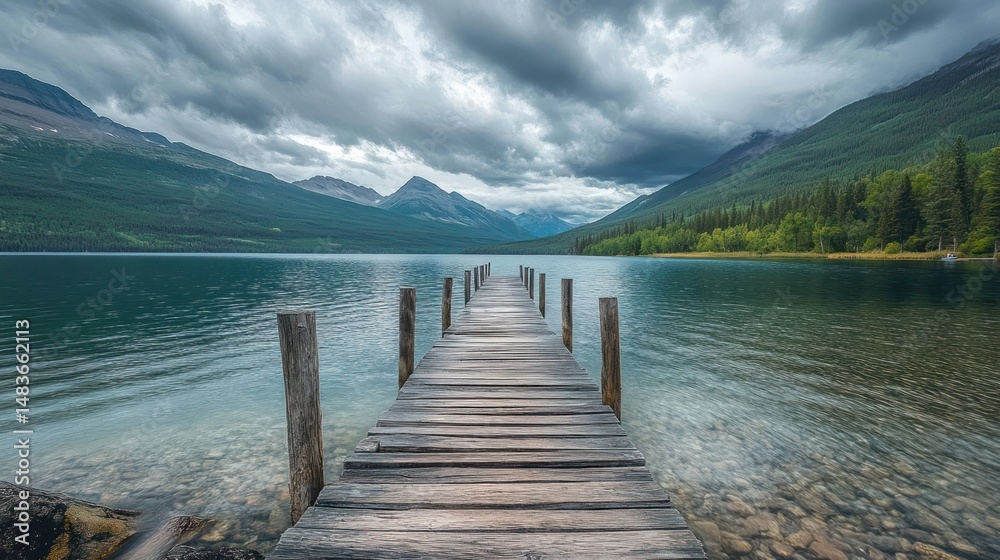 Obraz premium Serene Mountain Lake with Wooden Dock