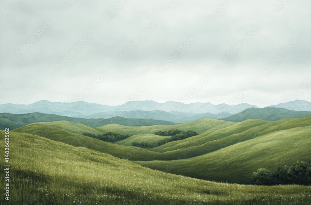 Rolling hills and valleys beneath a cloudy sky. Rolling hills and valleys beneath a cloudy sky.
