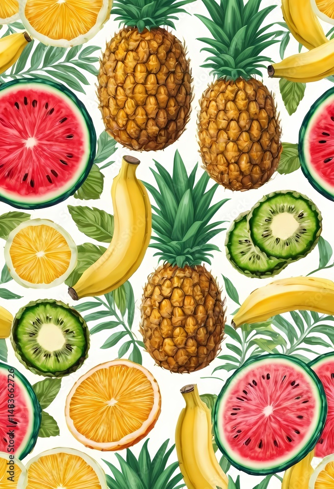 Seamless tropical fruit pattern in hand-drawn style on white background. perfect for packaging and textiles. Seamless tropical fruit pattern in hand-drawn style on white background. perfect for packaging and textiles.