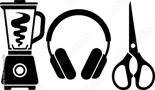 Black and white vector graphic illustration of a blender headphones and scissors icons