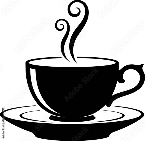 Black and white vector illustration of a hot coffee cup on a saucer with steam