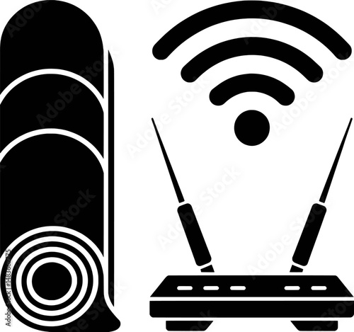 Black and white wireless router and speaker icon with modern communication concepts